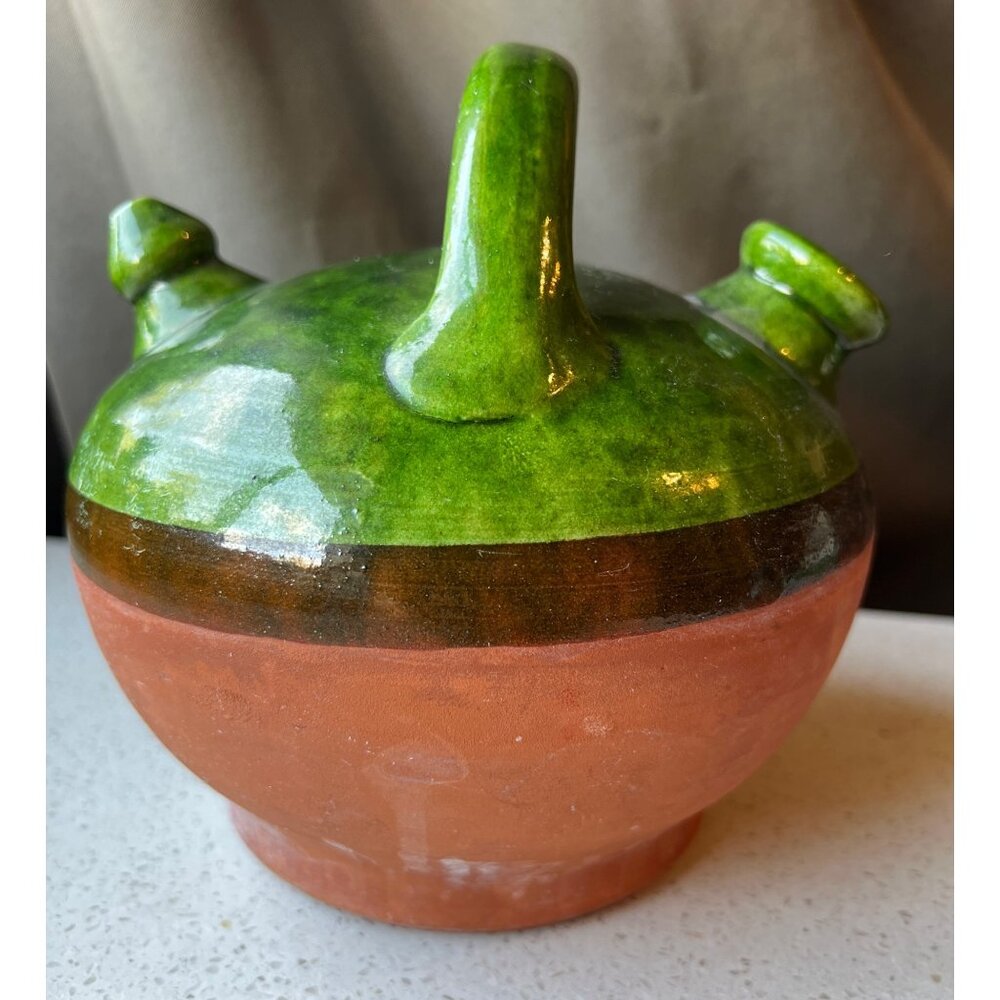 Handcrafted Green Glazed & Terracotta Clay French Gargoulette Confit Oil Jug - Picture 2 of 12